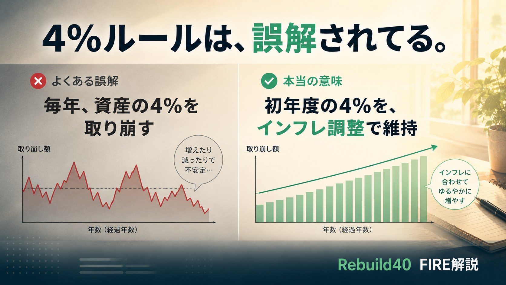 4%ルールの誤解と正解を対比し本当の意味を解説するFIRE取り崩し戦略のアイキャッチ