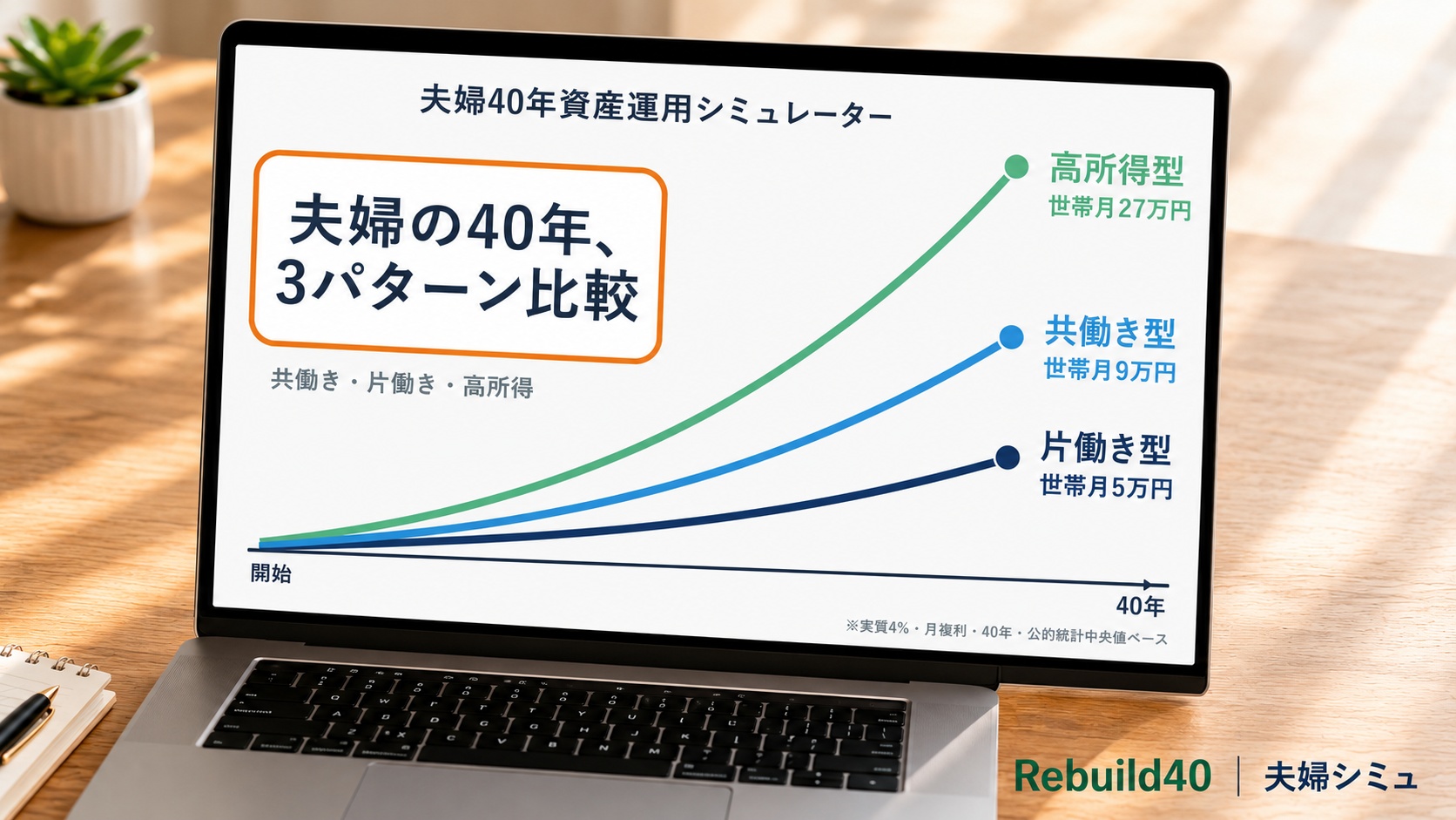 夫婦40年資産シミュ・共働き/片働き/高所得の3パターン比較グラフのアイキャッチ