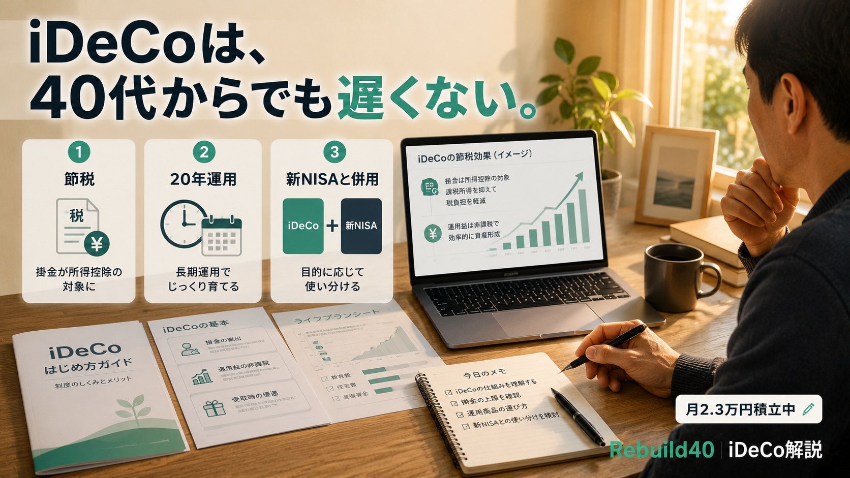 40代から始めるiDeCoの節税メリットと20年運用で老後資金を作る方法のアイキャッチ