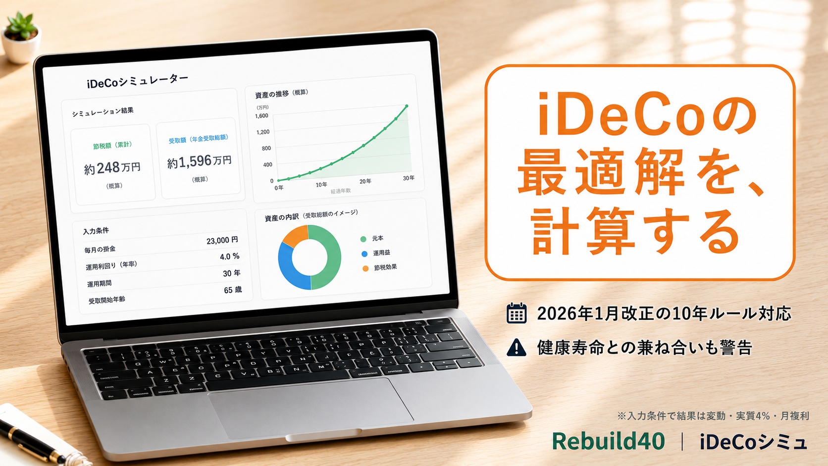 iDeCoシミュレーター画面と最適解を計算する大文字メッセージのアイキャッチ