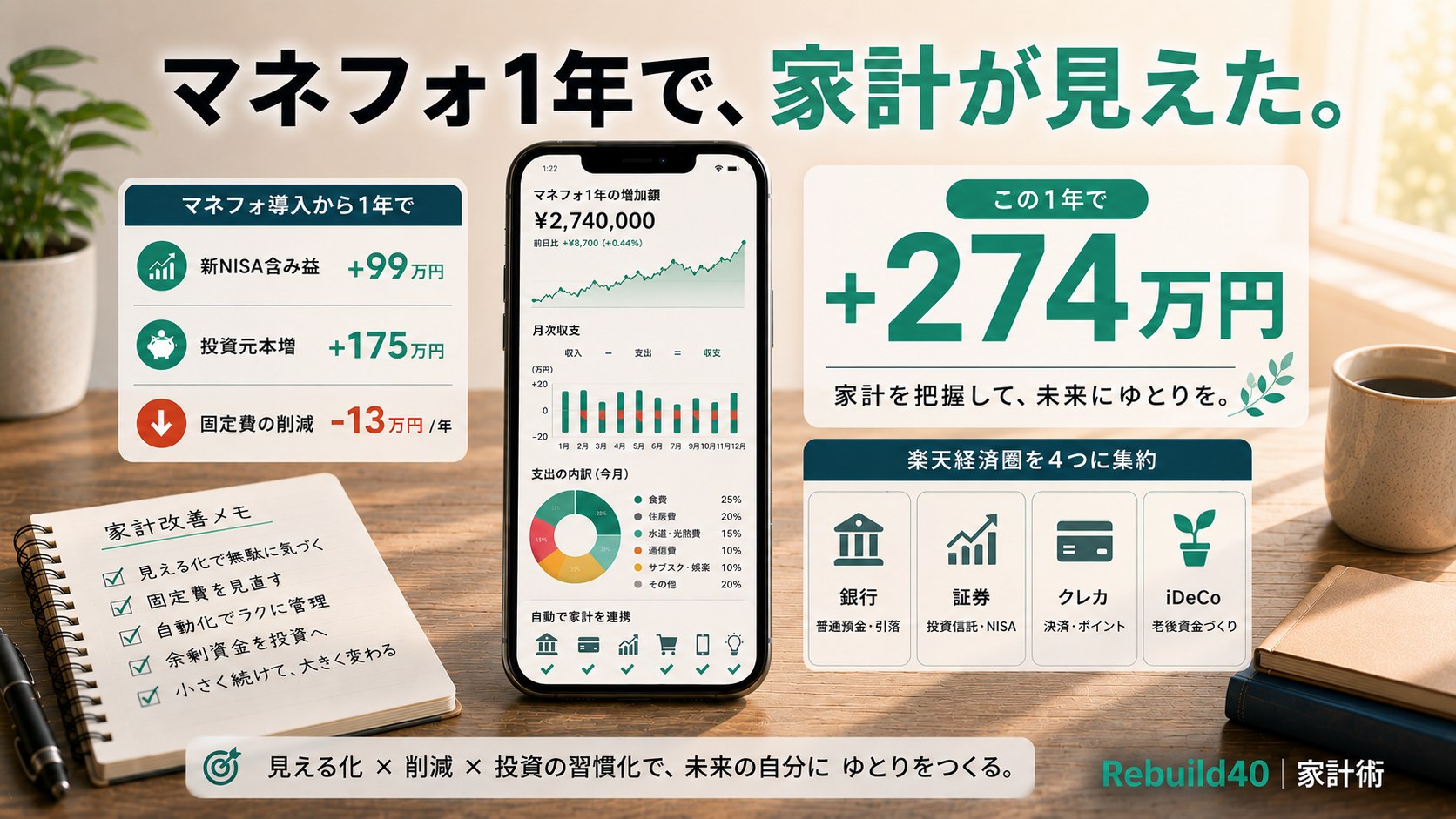 マネフォ1年使用で家計把握から固定費13万円減と資産274万円増を実現したアイキャッチ