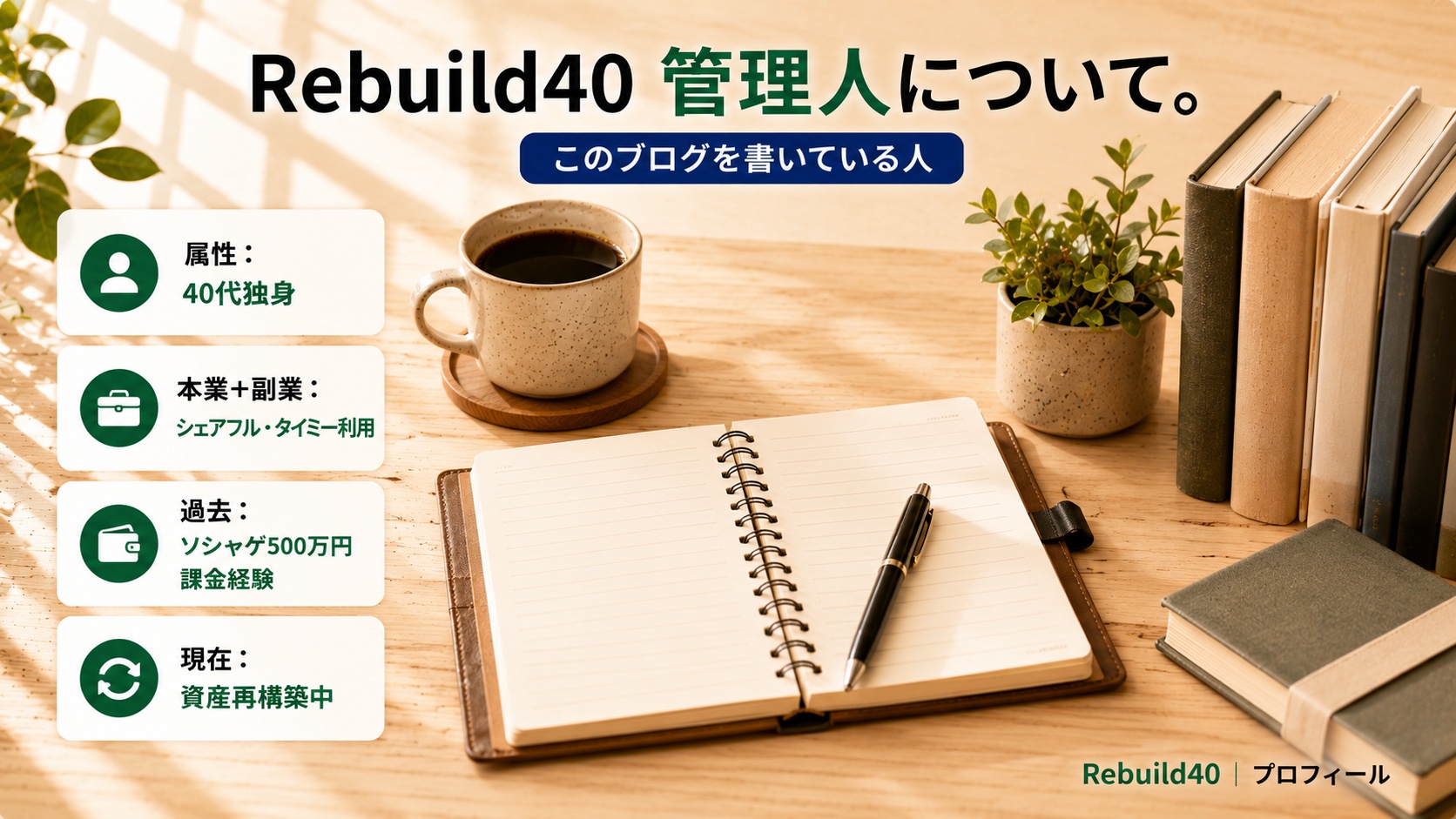 Rebuild40管理人プロフィール・40代独身・ソシャゲ500万浪費から資産再構築中