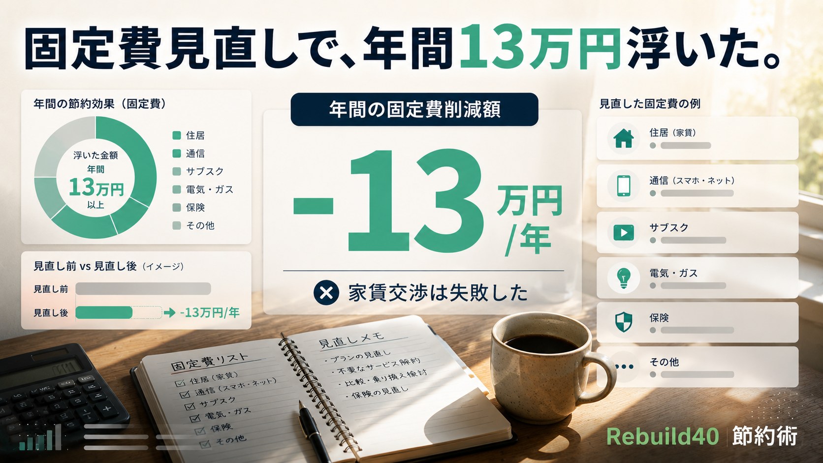 固定費見直しで年間13万円節約できた40代独身の実例を象徴するアイキャッチ