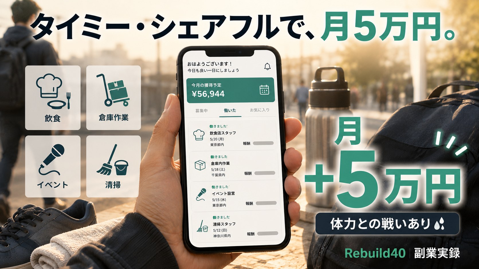 タイミー・シェアフル単発バイトで月5万円稼いだ40代独身の副業実録アイキャッチ