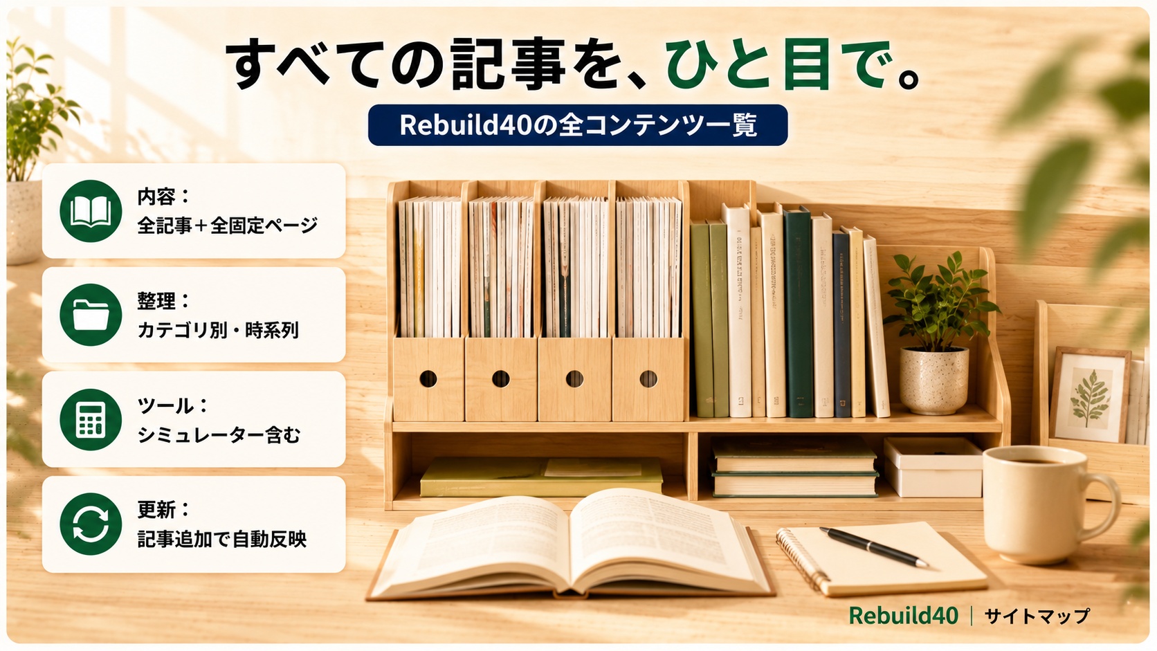 Rebuild40サイトマップ・整理された本棚とファイルボックスの象徴ビジュアル