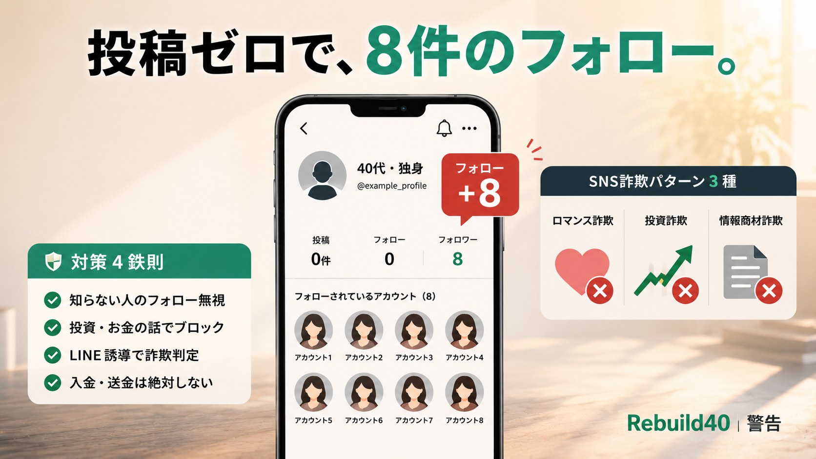 X投稿ゼロで8件フォロー40代独身を狙うSNS詐欺の入口パターンを警告するアイキャッチ