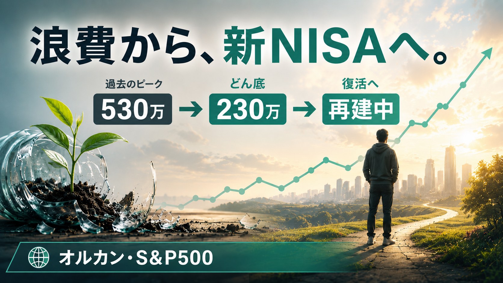 500万浪費から新NISAへ・砕けた瓶と緑の芽、上昇チャートのアイキャッチ