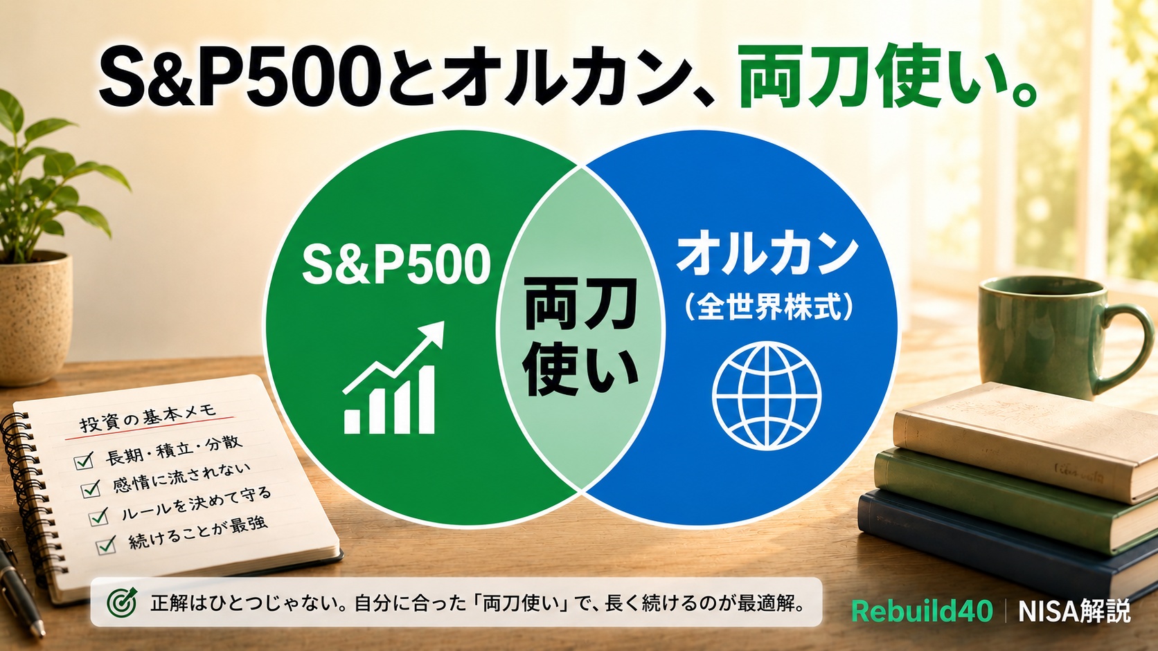 S&P500とオルカンを両方持つ両刀使いのベン図・新NISA分散投資のアイキャッチ