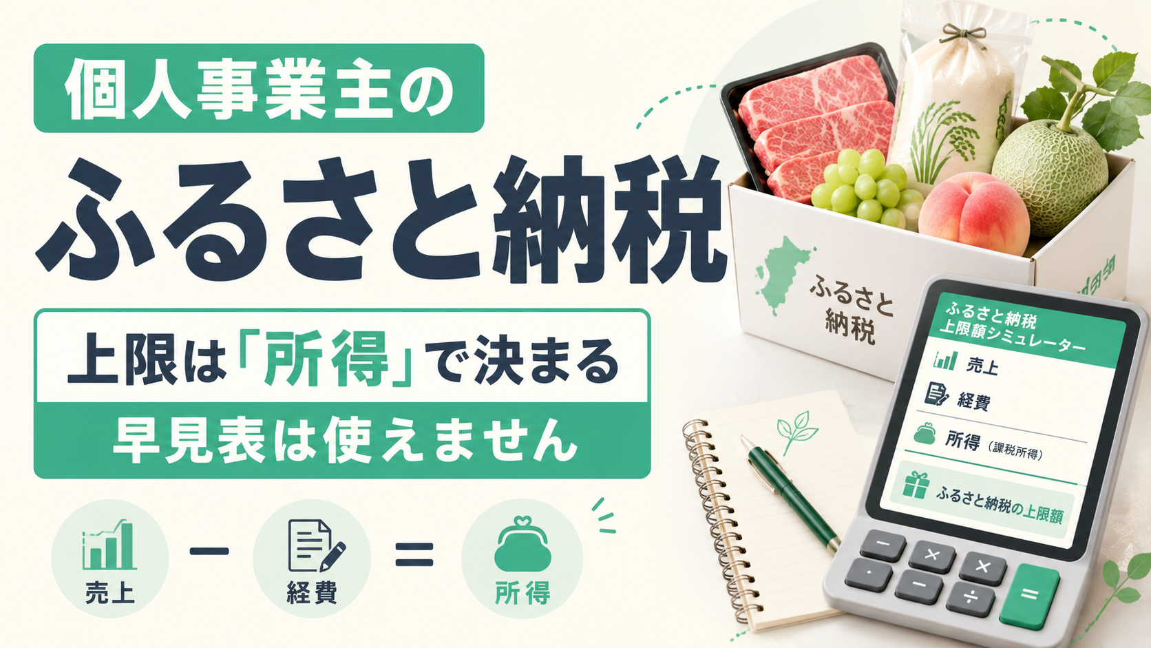 個人事業主のふるさと納税は上限が所得で決まる(売上−経費=所得)ことを表したアイキャッチ画像