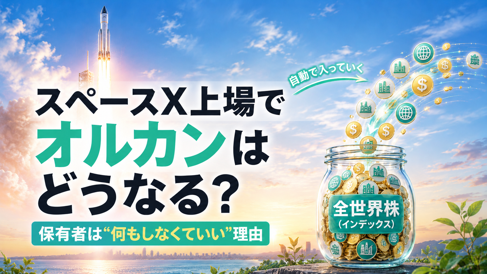 スペースXなど大型IPOの新規上場で、全世界株インデックスに企業が自動で組み入れられる様子を表したアイキャッチ画像