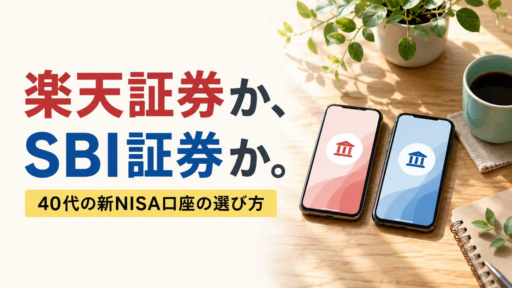 楽天証券かSBI証券か。40代の新NISA口座の選び方(赤と青のスマートフォン2台の比較イメージ)