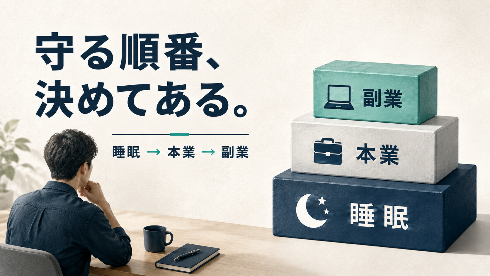 守る順番、決めてある。睡眠・本業・副業の順で優先する。下から睡眠、本業、副業と積み上がった3段のブロックと、机に向かって考える人のイラスト。