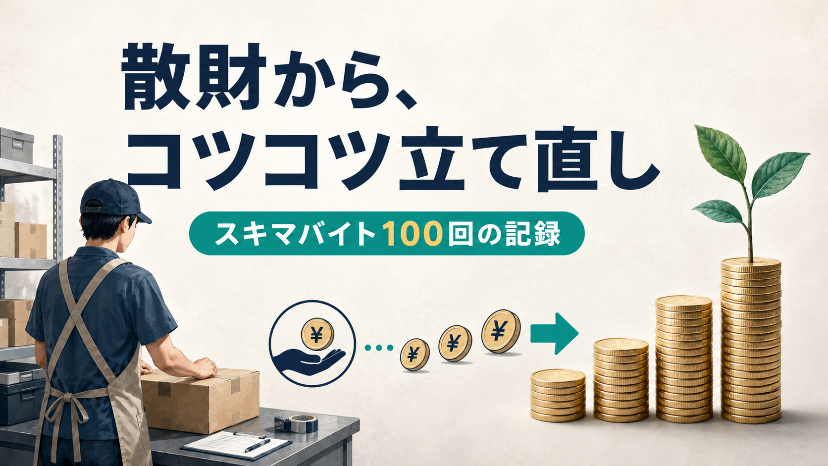 散財から、コツコツ立て直し。スキマバイト100回の記録。倉庫で段ボールを扱う作業者と、右へ積み上がっていくコインのイラスト。