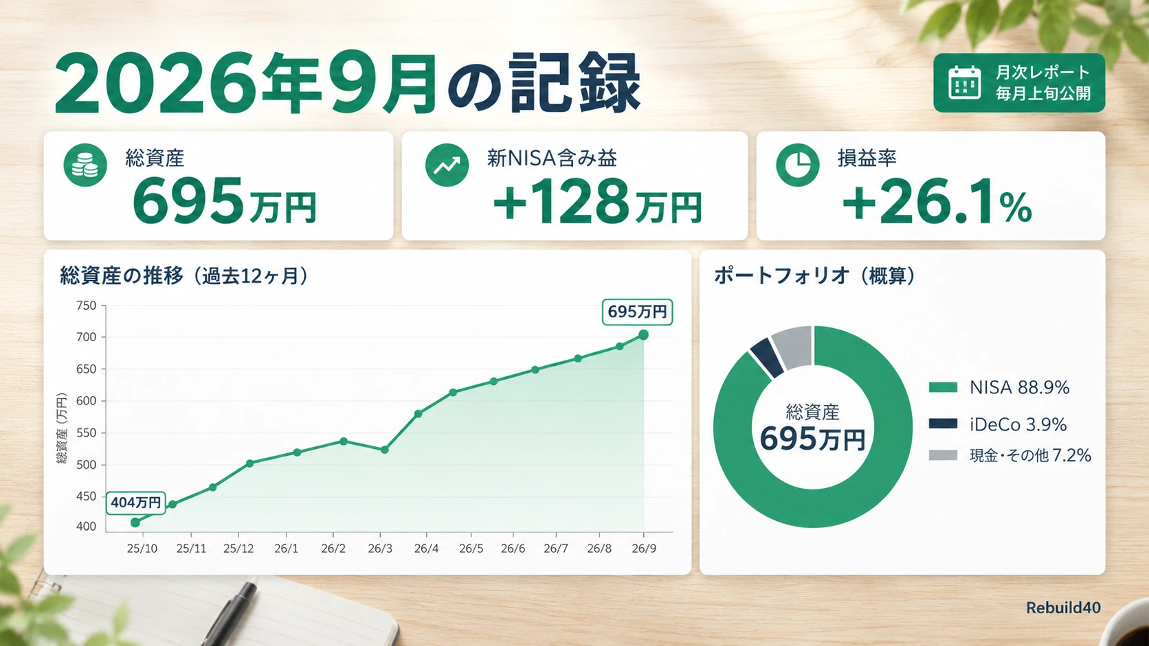 【2026年9月 資産公開】総資産695万円・新NISA含み益+128万円（損益率26.1%）